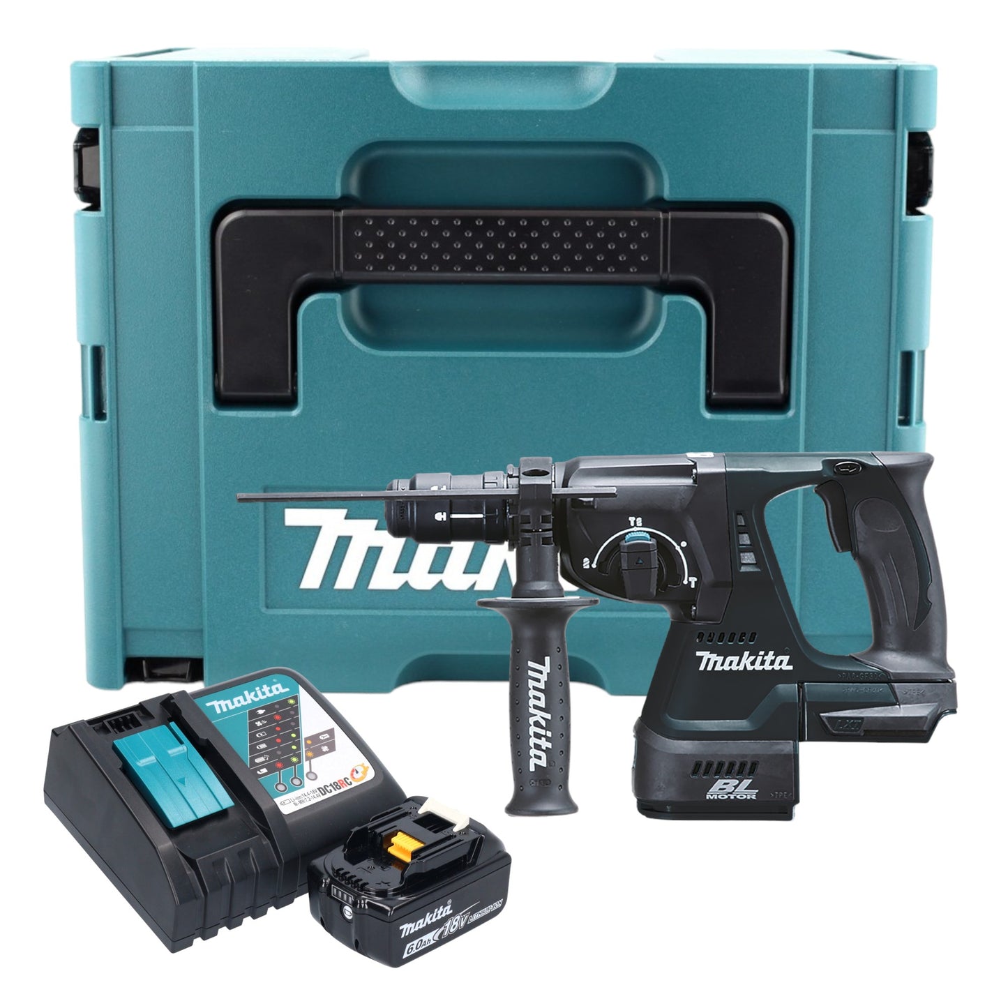 Makita DHR 243 RG1J B marteau combiné à batterie 18 V 2,0 J SDS-Plus noir + 1x batterie 6,0 Ah + chargeur + mandrin à changement rapide + Makpac