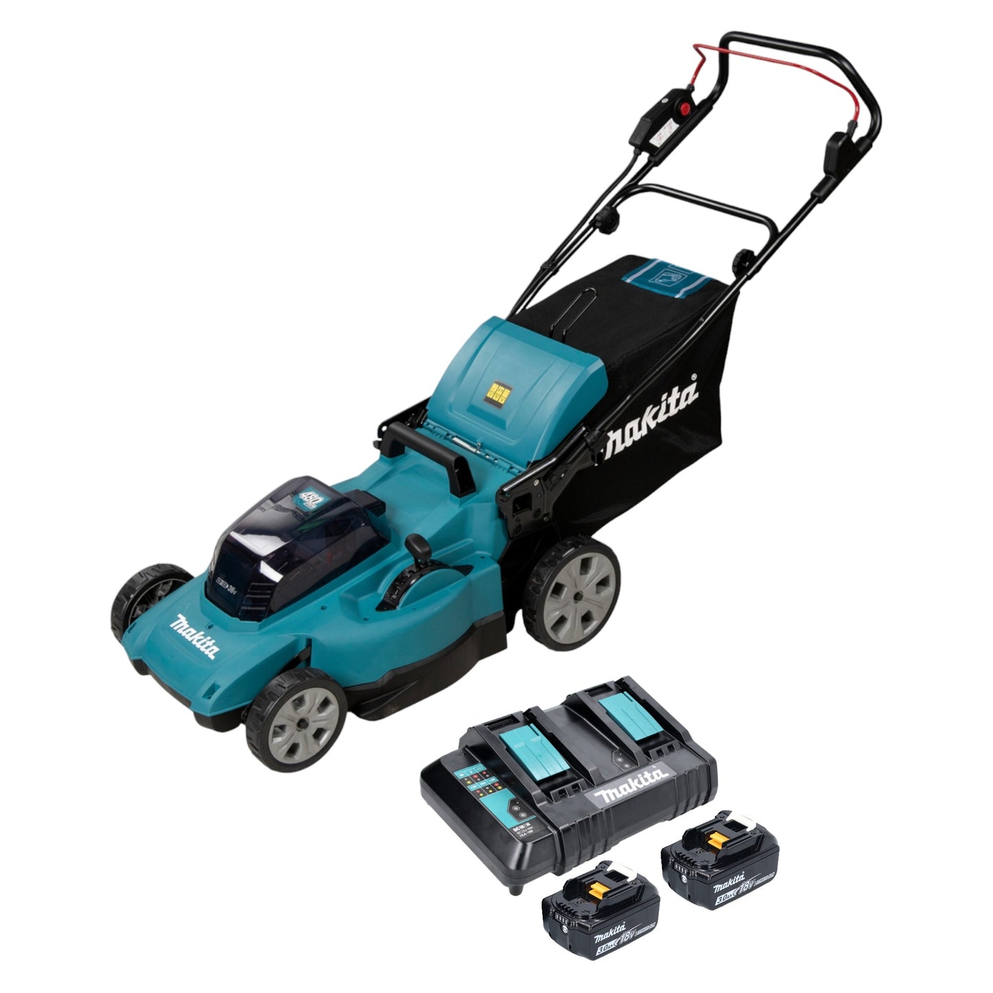 Makita DLM 480 CF2 tondeuse à gazon sans fil 36 V (2x 18 V) 48 cm 62 l + 2x batterie 3,0 Ah + chargeur