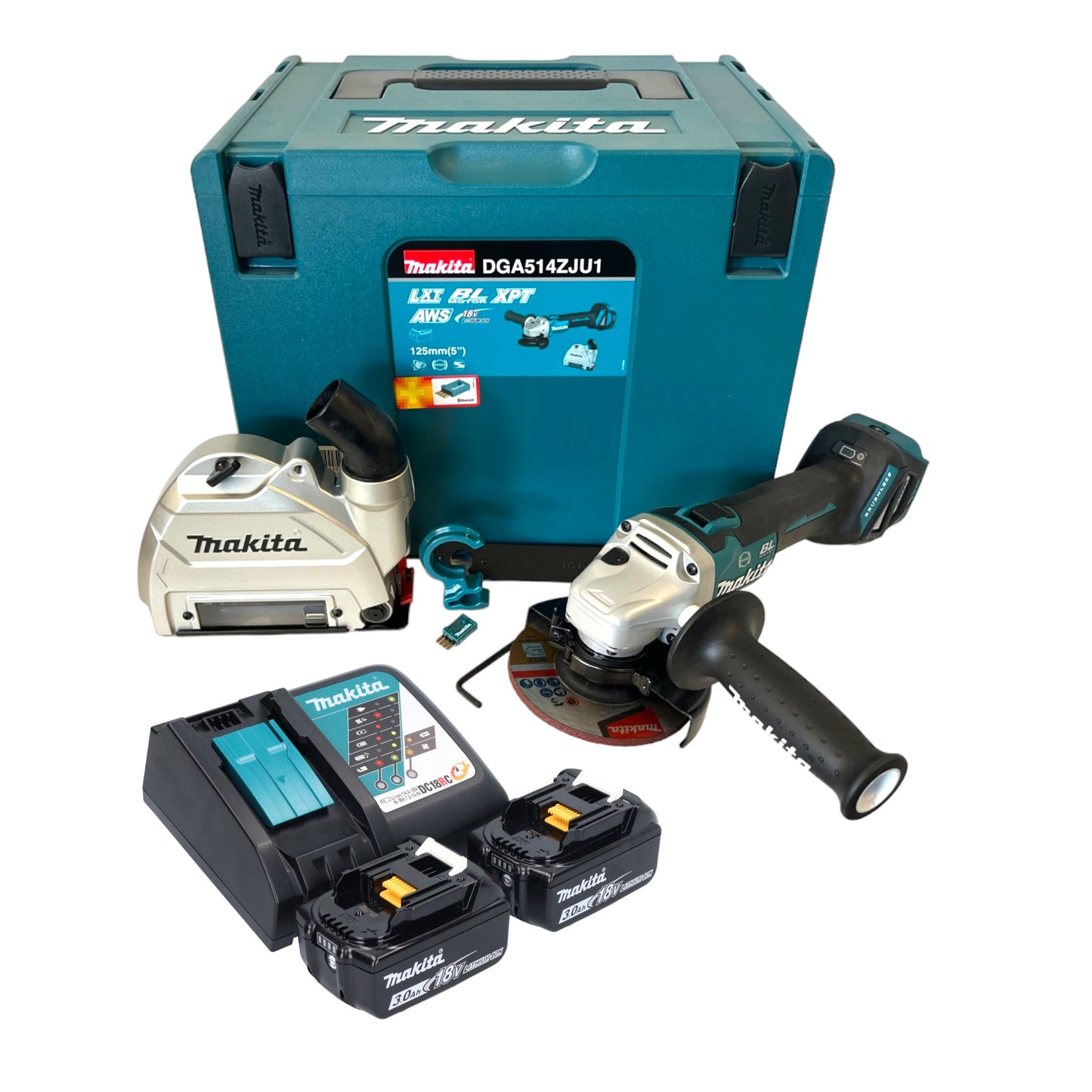 Makita DGA 514 RFJU1 Meuleuse d'angle sur batterie 18 V 125 mm sans balais + 2x batteries 3,0 Ah + chargeur + Makpac