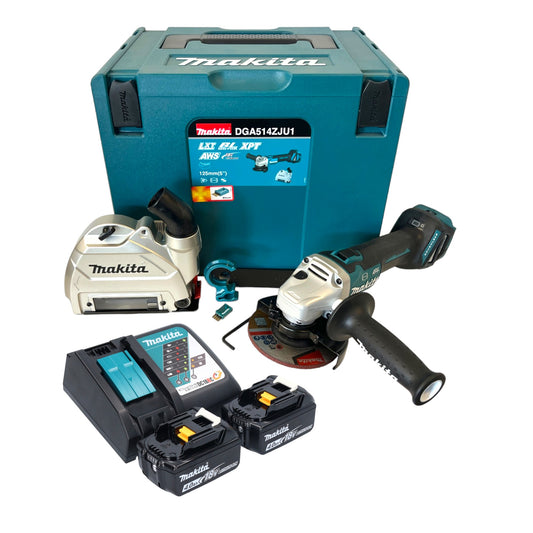 Meuleuse d'angle sur batterie Makita DGA 514 RMJU1 18 V 125 mm sans balais + 2x batteries 4,0 Ah + chargeur + Makpac