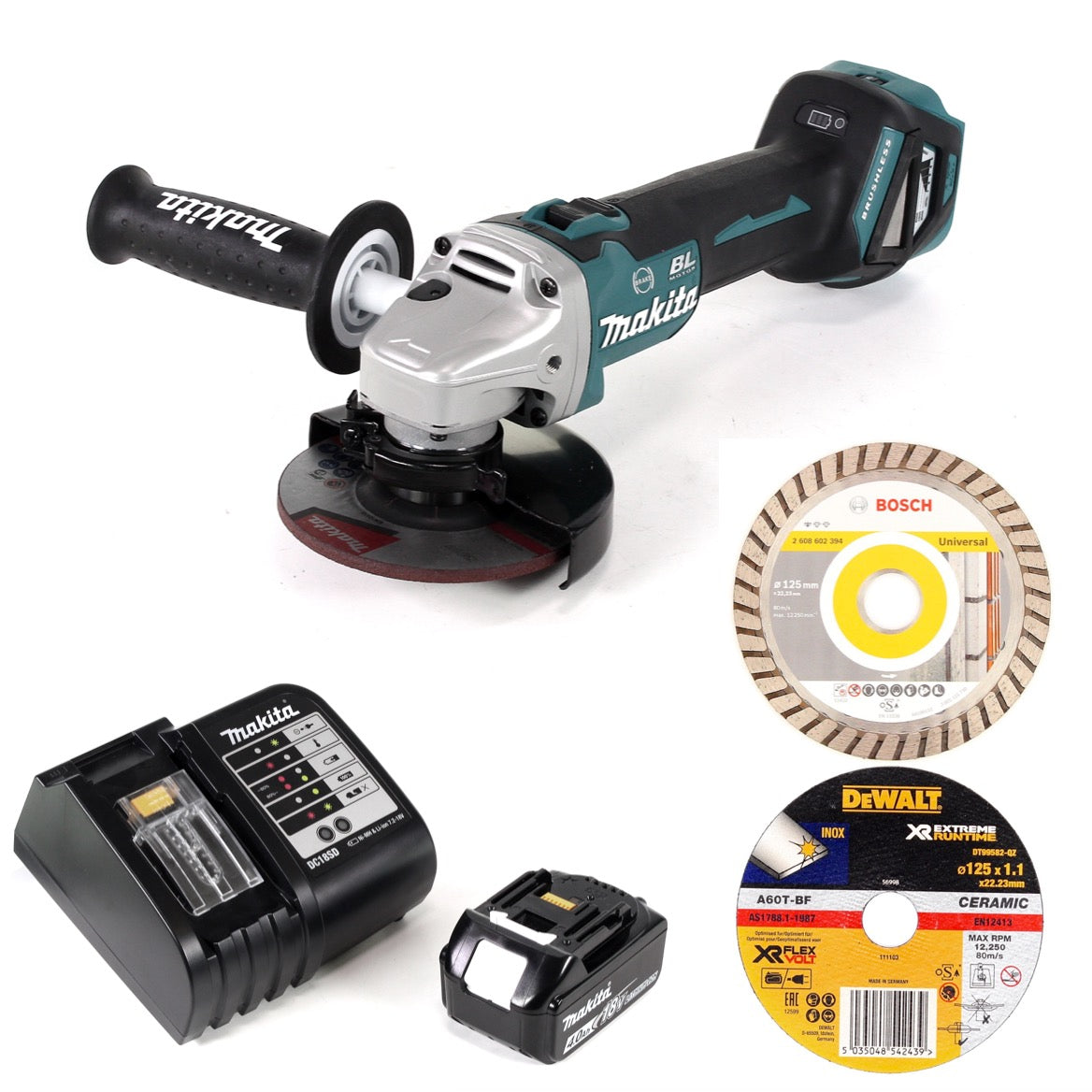 Makita DGA 513 SM1 Akku Winkelschleifer 18 V 125mm Brushless + 1x Akku 4,0Ah + Ladegerät + 3x Scheibe - Toolbrothers