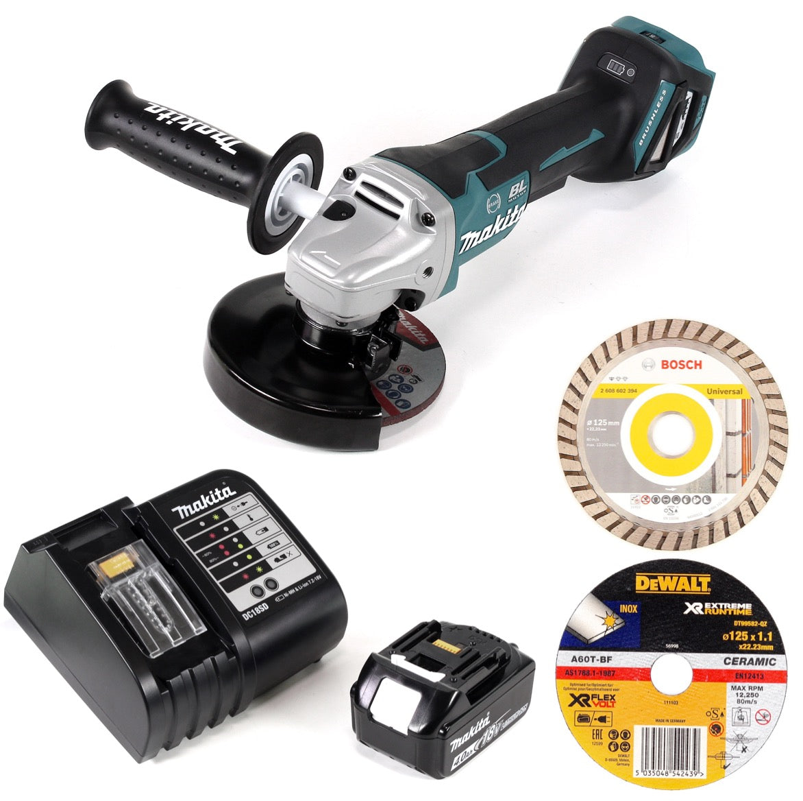 Makita DGA 517 SM1 Akku Winkelschleifer 18 V 125 mm Brushless + 1x Akku 4,0 Ah + Ladegerät + 3x Scheibe - Toolbrothers