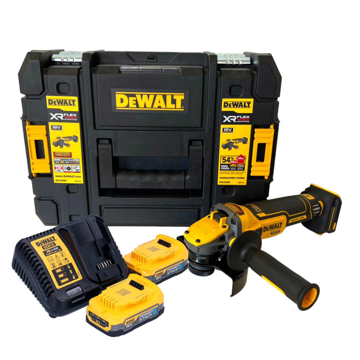 DeWalt DCG 409 E2T Akku Winkelschleifer 18 V 125 mm Brushless + 2x Powerstack Akku 1,7 Ah + Ladegerät + TSTAK