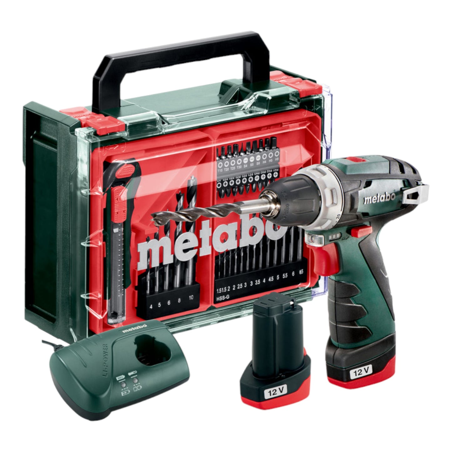 Metabo Powermaxx BS Basic Set perceuse-visseuse sans fil 12 V 34 Nm (600080710) + 2x batteries 2,0 Ah + chargeur + jeu d'accessoires 41 pièces + mallette