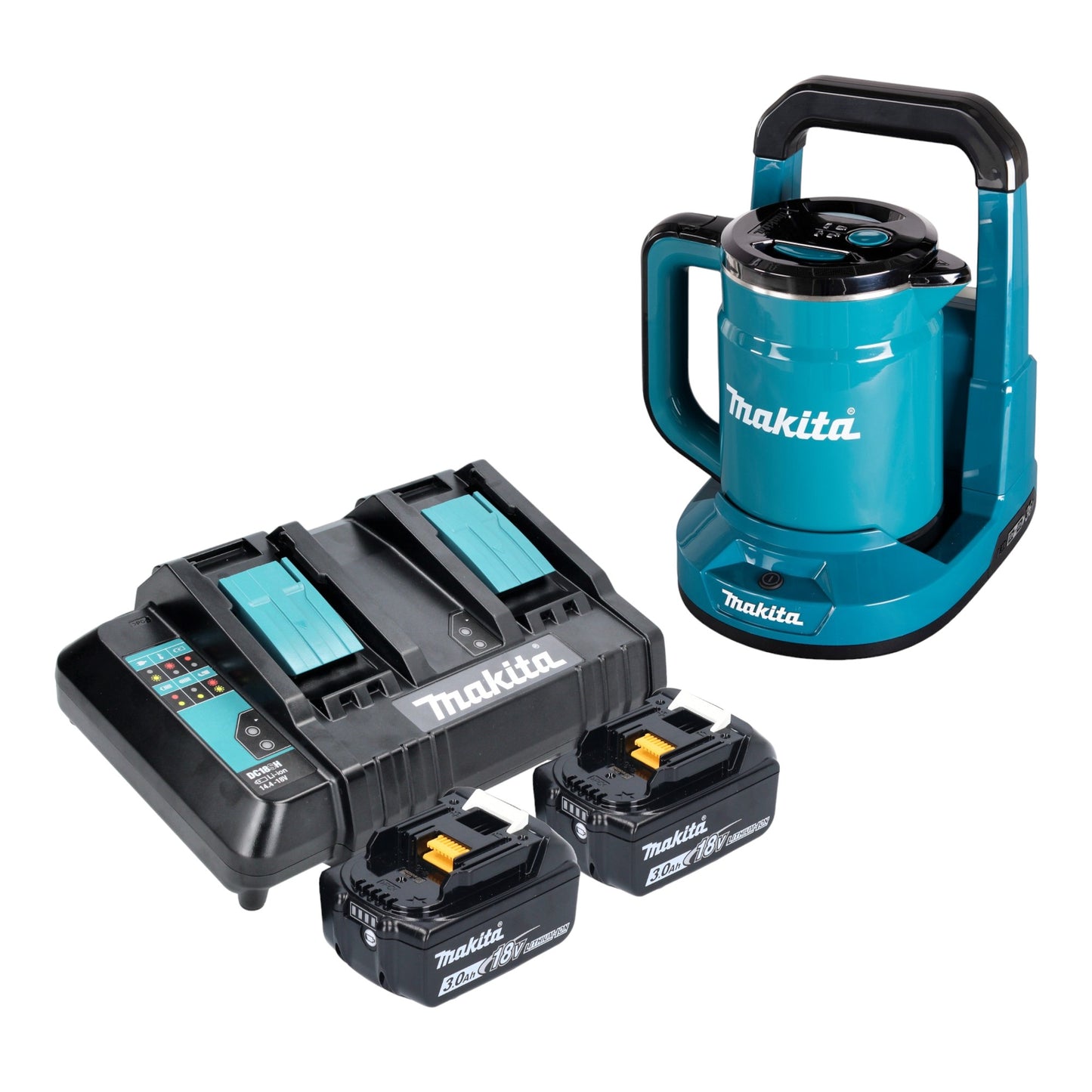 Bouilloire à batterie Makita DKT 360 CF2 36 V (2x 18 V) 0,8 L + 2x batterie 3,0 Ah + double chargeur