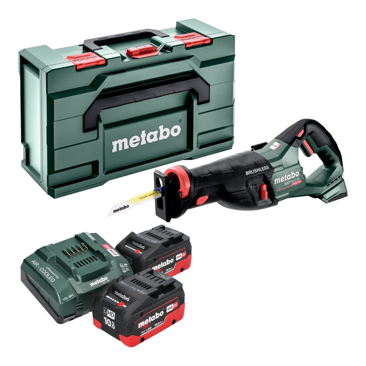 Scie sabre à batterie Metabo SSEP 18 LT BL 18 V 32 mm sans balais + 2x batterie LiHD 10,0 Ah + chargeur + Metabox