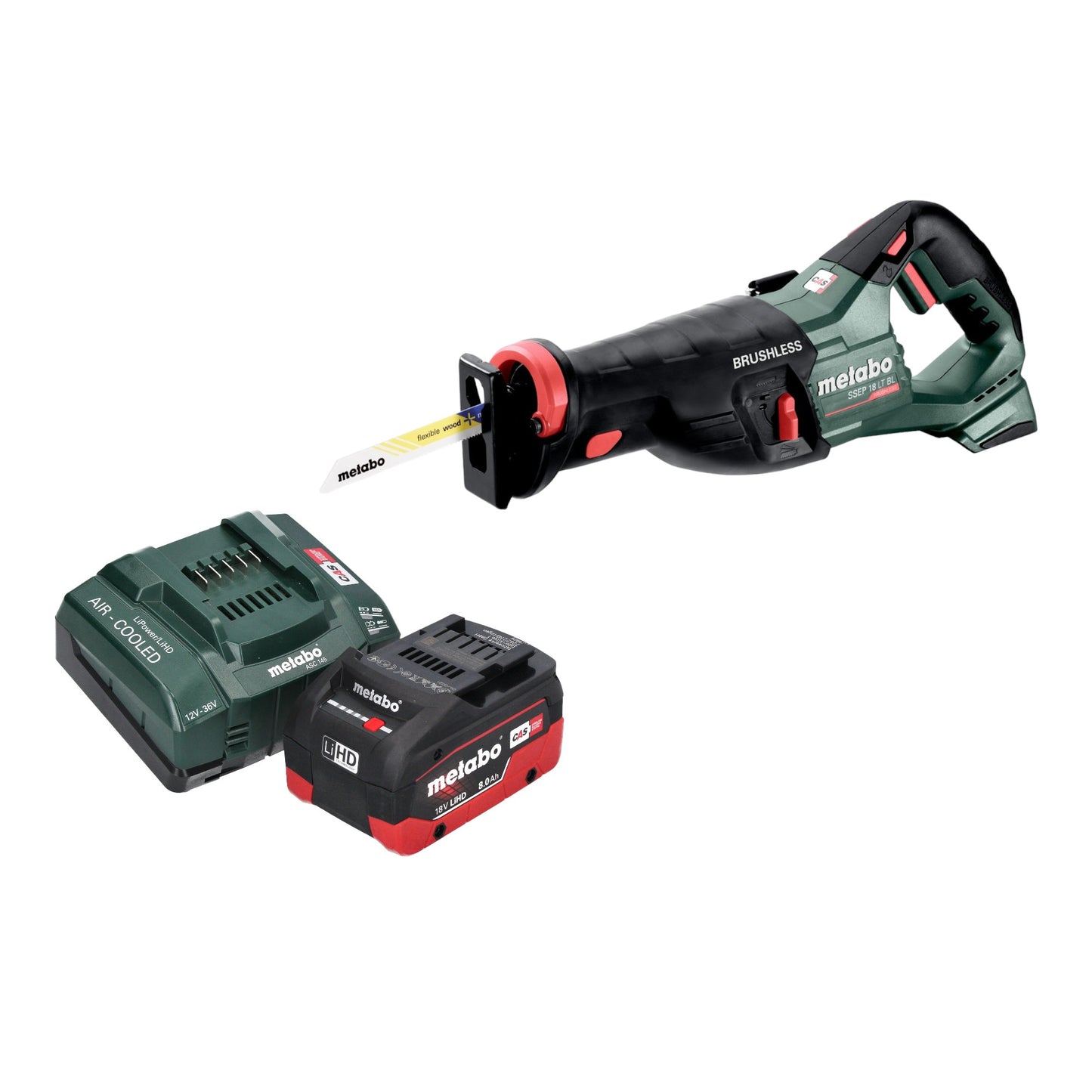 Scie sabre à batterie Metabo SSEP 18 LT BL 18 V 32 mm sans balais + 1 batterie LiHD 8,0 Ah + chargeur