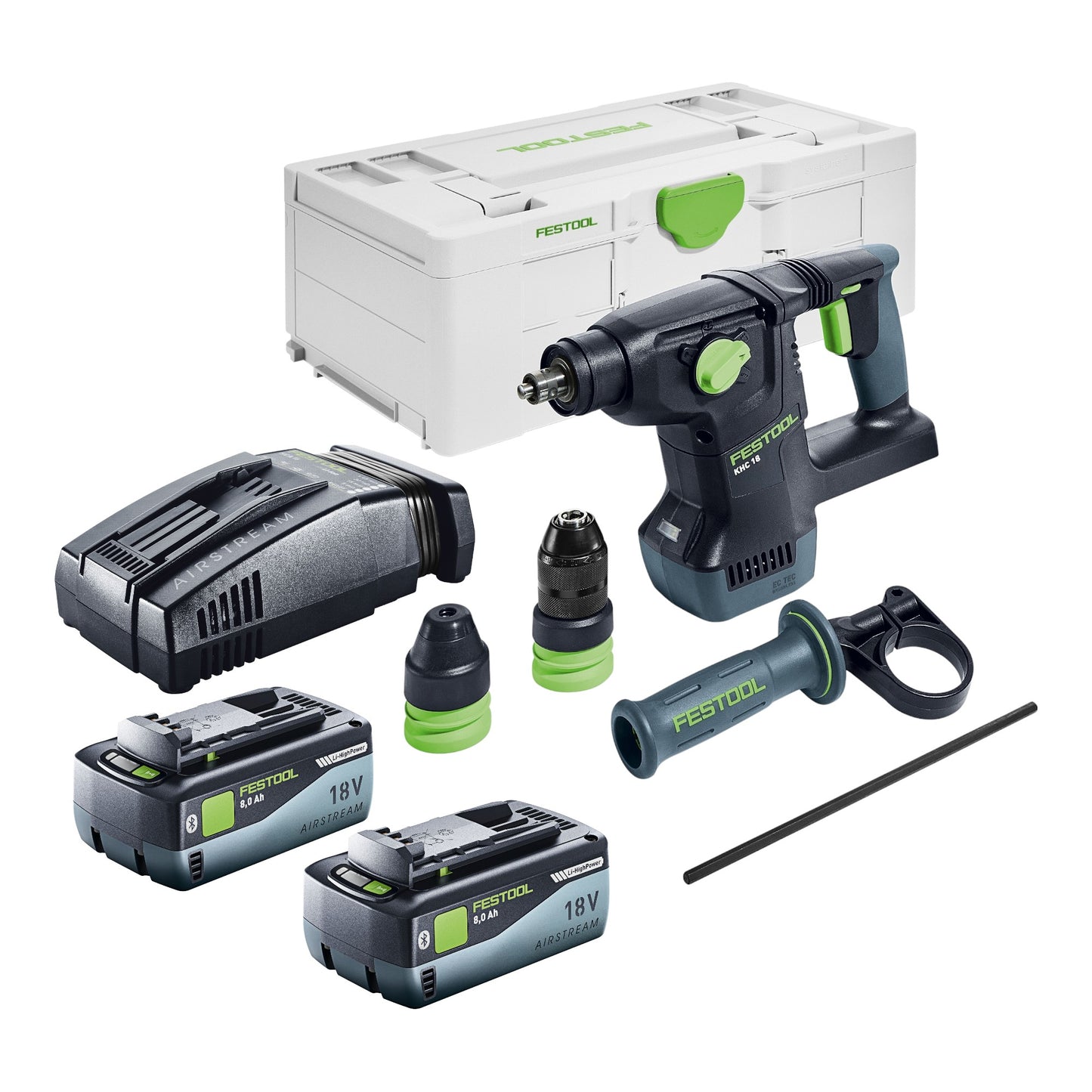 Festool KHC 18 EB-Basic Akku Kombihammer 18 V 2,6 J SDS-Plus Brushless + 2x Akku 8,0 Ah + Schnellladegerät + Systainer