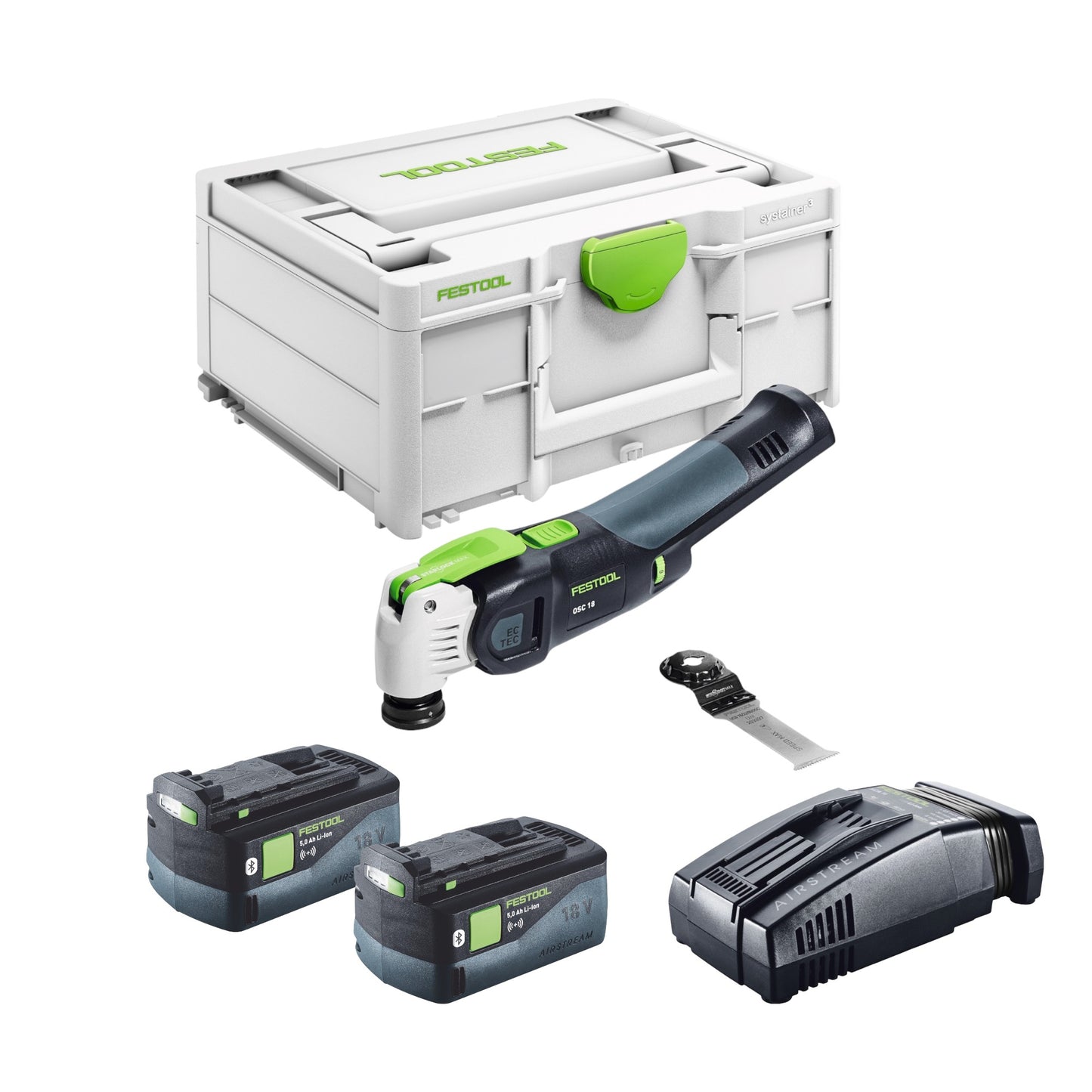 Festool VECTURO OSC 18 E-Basic Akku Oszillierer 18 V Starlock Max Brushless + 2x Akku 5,0 Ah + Schnellladegerät + Systainer