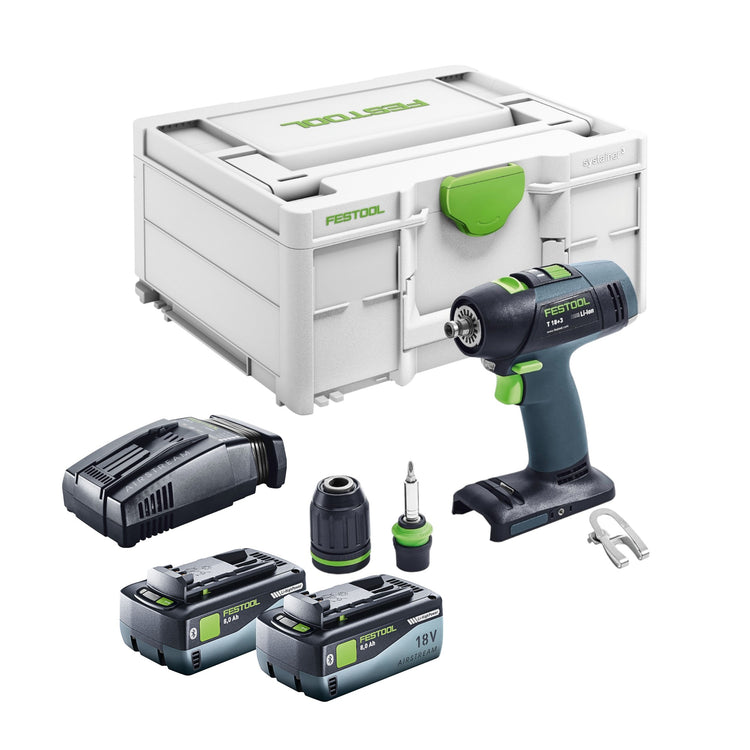 Festool T 18+3 Basic perceuse-visseuse sans fil 18 V 50 Nm sans balais + 2 batteries 8,0 Ah + chargeur rapide + systainer