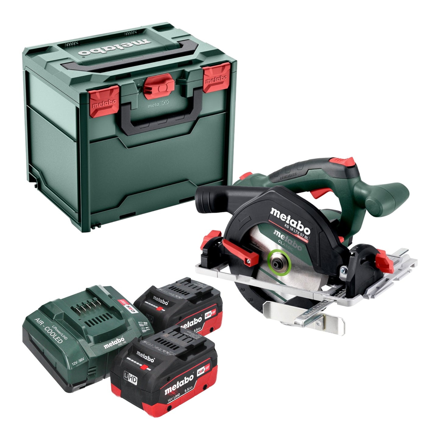 Scie circulaire portative sur batterie Metabo KS 18 LTX 57 BL 18 V 57 mm + 2x batterie LiHD 5,5 Ah + chargeur + Metabox