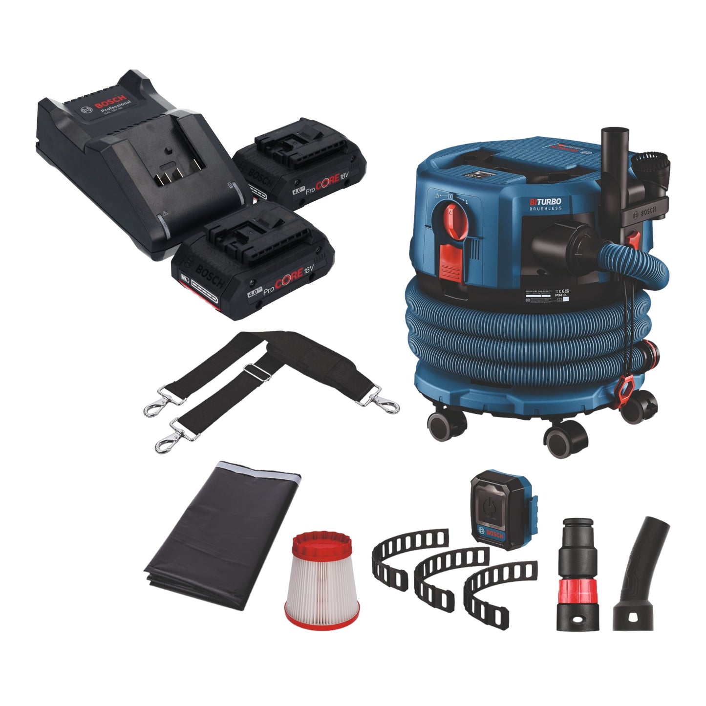 Aspirateur sans fil professionnel Bosch GAS 18V-12 MC BITURBO brushless + 2x batteries ProCore 4,0 Ah + chargeur + accessoires