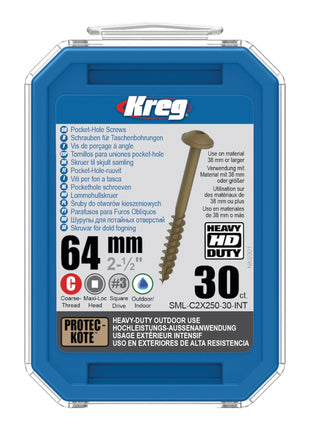 Vis à trou de poche Kreg HD Protec-Kote Maxi-Loc 64 mm (SML-C2X250-30-INT) filetage grossier 30 pièces