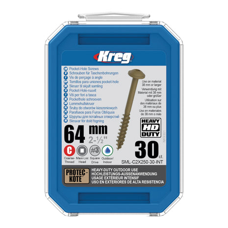 Vis à trou de poche Kreg HD Protec-Kote Maxi-Loc 64 mm (SML-C2X250-30-INT) filetage grossier 30 pièces