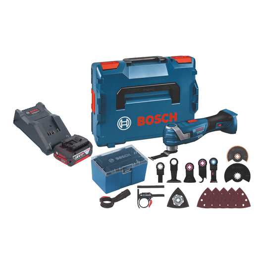 Bosch GOP 18V-34 Professional Batterie Multi Cutter 18 V Starlock Plus + 1x batterie 4,0 Ah + chargeur + 17 accessoires + L-Boxx