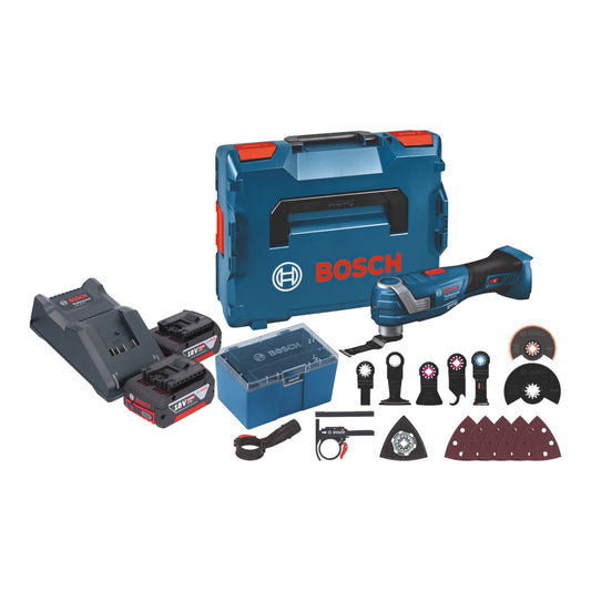 Bosch GOP 18V-34 Professional Batterie Multi Cutter 18 V Starlock Plus + 2x batteries 4,0 Ah + chargeur + 17 accessoires + L-Boxx