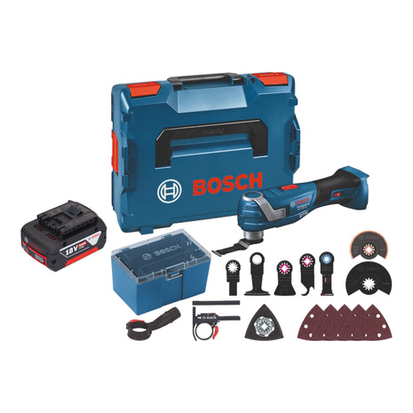 Bosch GOP 18V-34 Professional Akku Multi Cutter 18 V Starlock Plus + 1x Akku 5,0 Ah + 17 tlg. Zubehör + L-Boxx - ohne Ladegerät