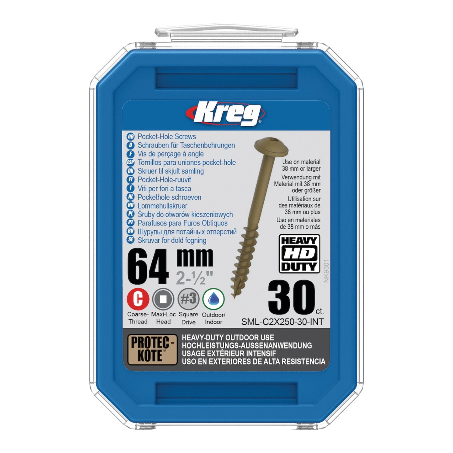 Kreg 2x HD Protec-Kote Maxi-Loc vis à trou de poche 64 mm (2x SML-C2X250-30-INT) filetage grossier 60 pièces