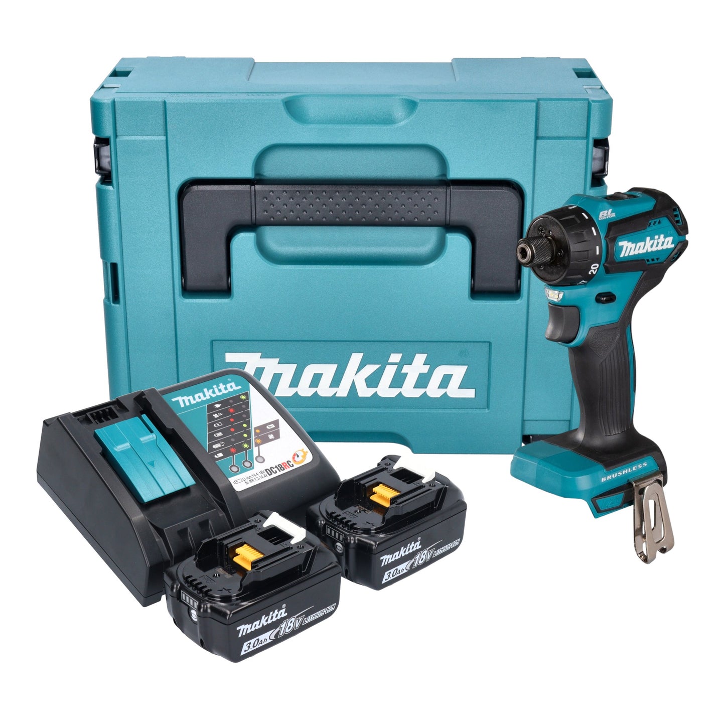 Makita DDF 083 RFJ perceuse-visseuse sans fil 18 V 40 Nm 1/4'' brushless + 2x batterie 3,0 Ah + chargeur + Makpac