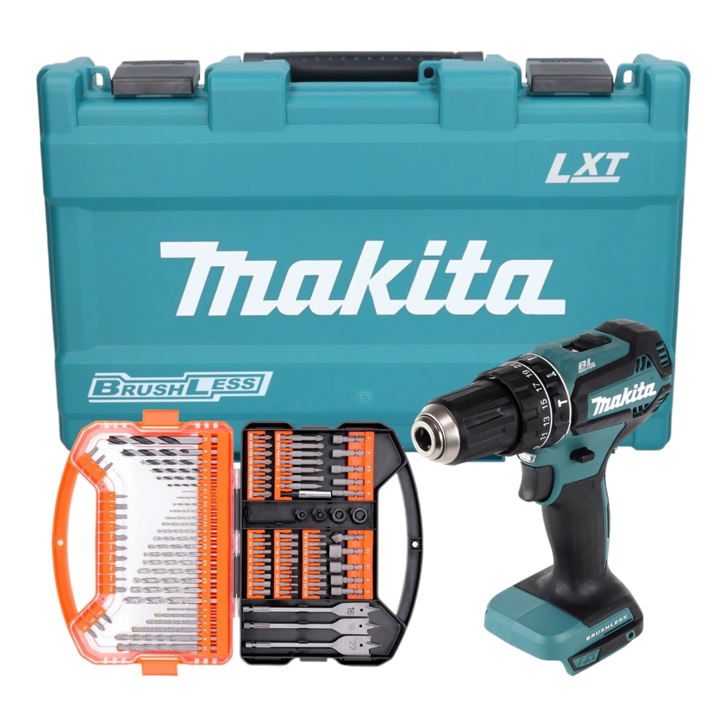 Perceuse à percussion sans fil Makita DHP 485 Z (18 V 50 Nm sans balais) avec coffret + embout WellCut 101 pièces et jeu de forets