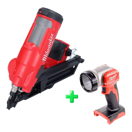 Cloueur sur batterie Milwaukee M18 FFN-0 18 V 50 - 90 mm brushless solo + éclairage sur batterie Milwaukee M18 TLED LED