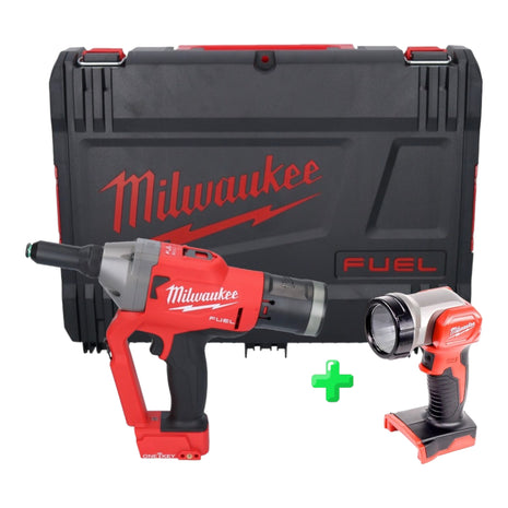 Riveteuse aveugle sur batterie Milwaukee M18 ONEFPRT-0X 18 V 20 kN brushless (4933478601) + boîtier HD + éclairage sur batterie Milwaukee M18 TLED LED