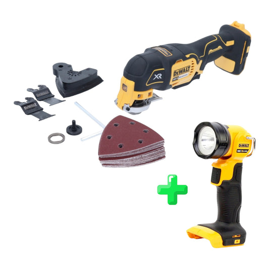 Oscillateur à batterie DeWalt DCS 355 N, outil multifonction 18 V sans balais + kit d'accessoires 29 pièces + lampe à batterie DeWalt DCL 040 18 V XR Li-Ion