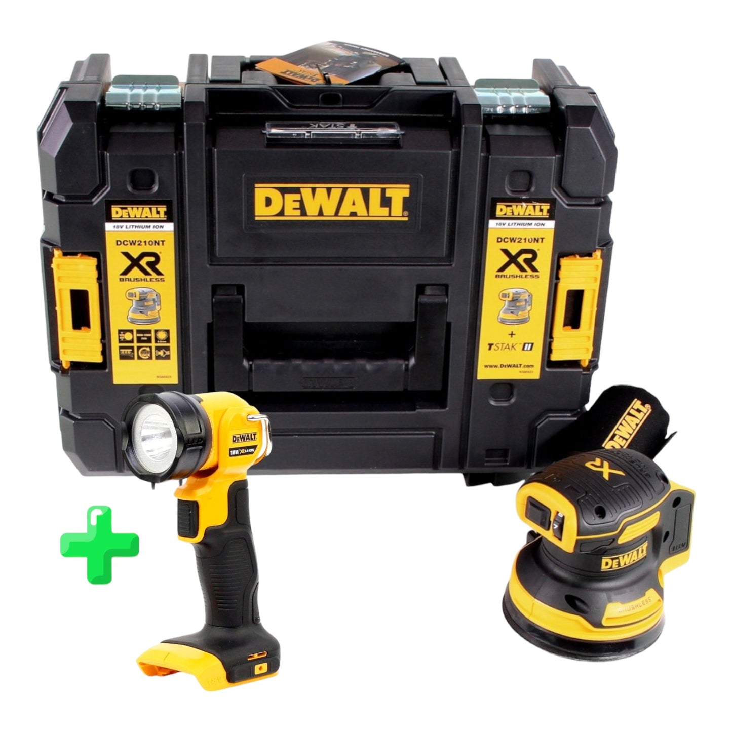 Ponceuse excentrique à batterie DeWalt DCW 210 NT 18V 125mm brushless solo + TSTAK + Lampe à batterie DeWalt DCL 040 18V XR Li-Ion