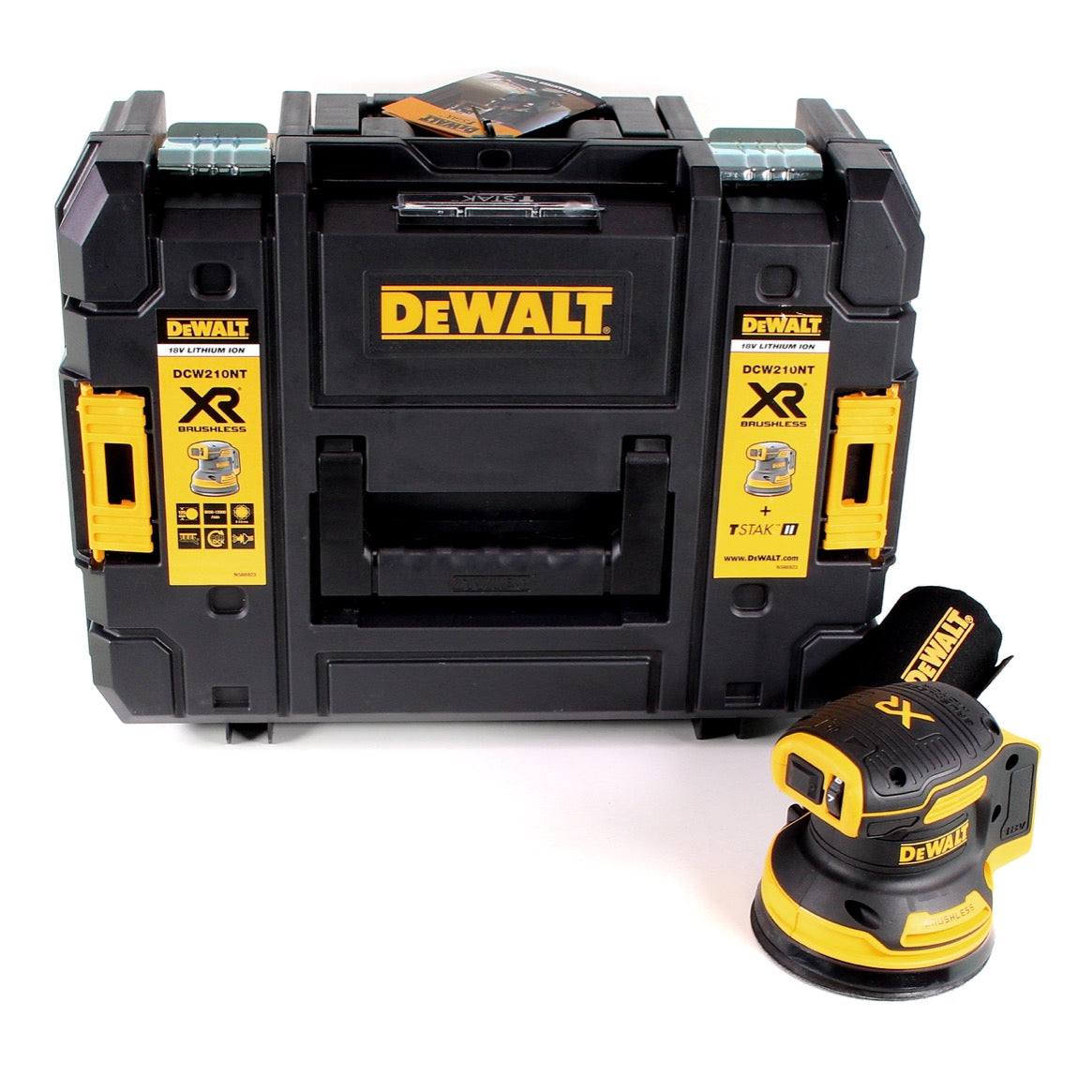 Ponceuse excentrique à batterie DeWalt DCW 210 NT 18V 125mm brushless solo + TSTAK + Lampe à batterie DeWalt DCL 040 18V XR Li-Ion