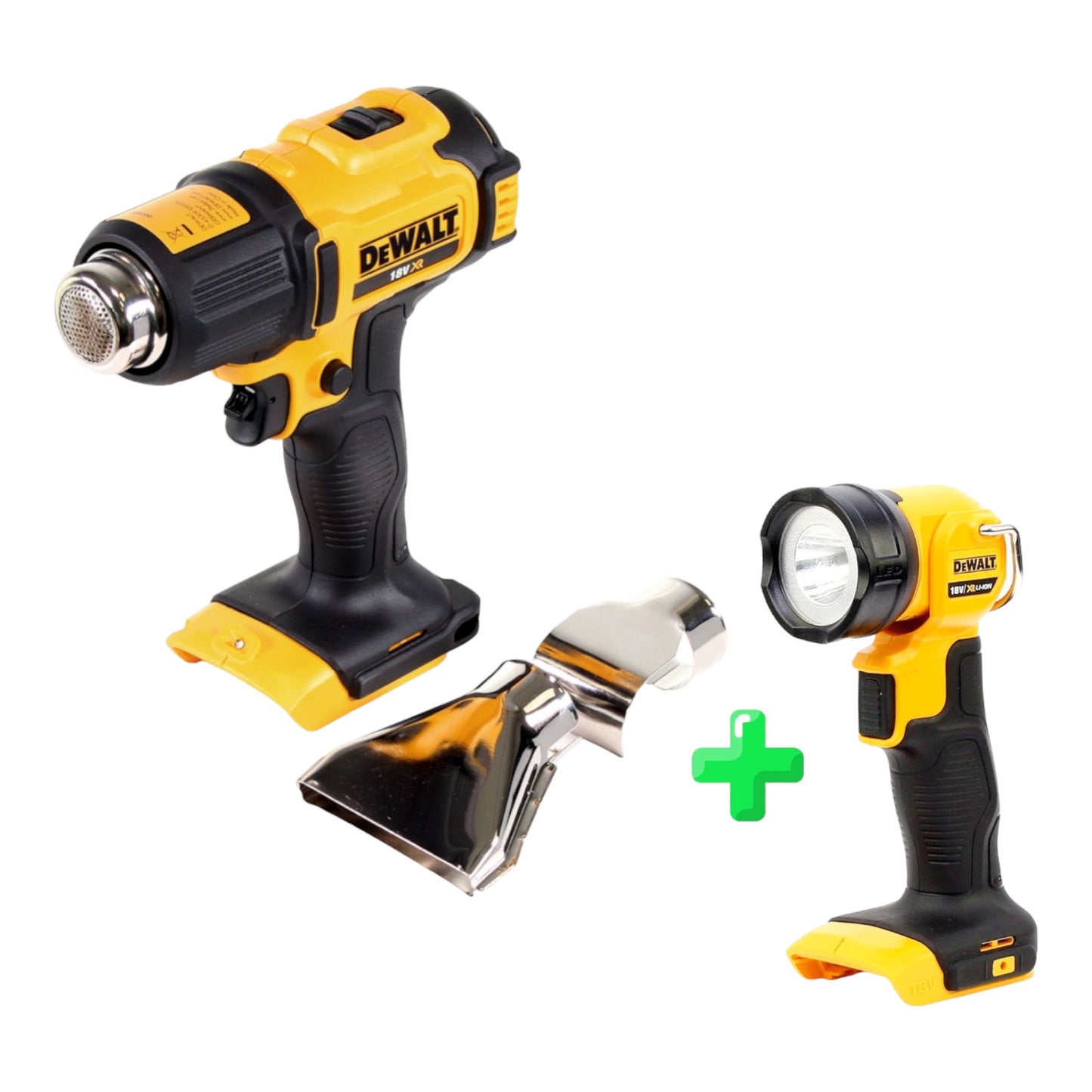 Pistolet à air chaud sur batterie DeWalt DCE 530 N 18V 530°C Solo + buse de surface et réflecteur + lampe sur batterie DeWalt DCL 040 18V XR Li-Ion