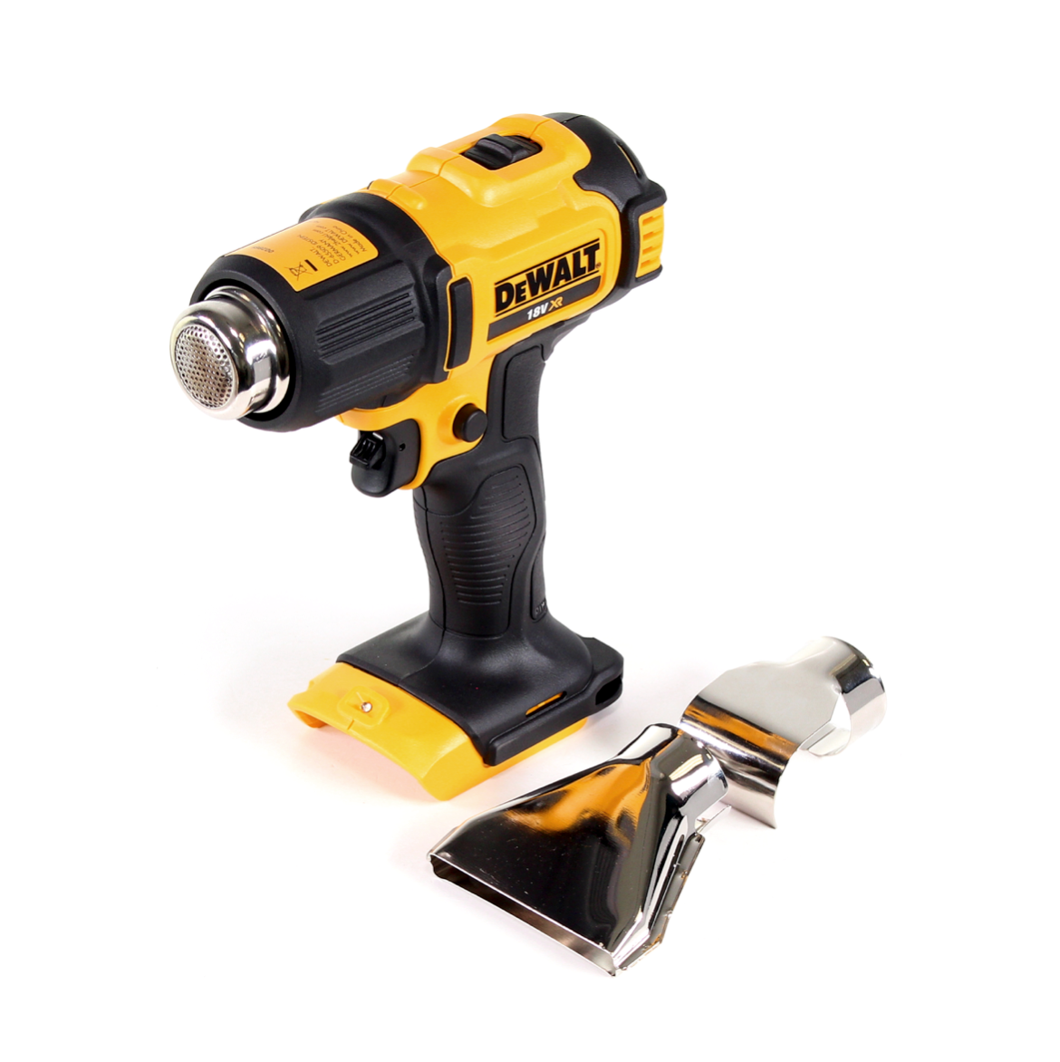 Pistolet à air chaud sur batterie DeWalt DCE 530 N 18V 530°C Solo + buse de surface et réflecteur + lampe sur batterie DeWalt DCL 040 18V XR Li-Ion