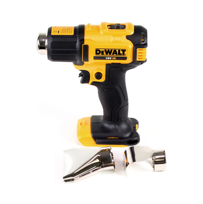 Pistolet à air chaud sur batterie DeWalt DCE 530 N 18V 530°C Solo + buse de surface et réflecteur + lampe sur batterie DeWalt DCL 040 18V XR Li-Ion