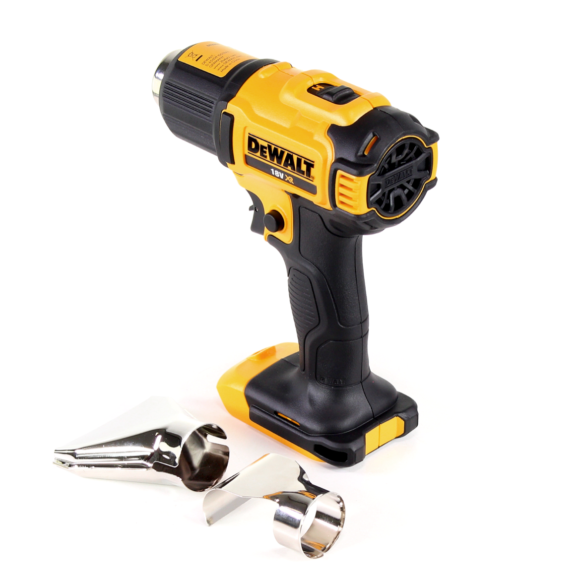 Pistolet à air chaud sur batterie DeWalt DCE 530 N 18V 530°C Solo + buse de surface et réflecteur + lampe sur batterie DeWalt DCL 040 18V XR Li-Ion