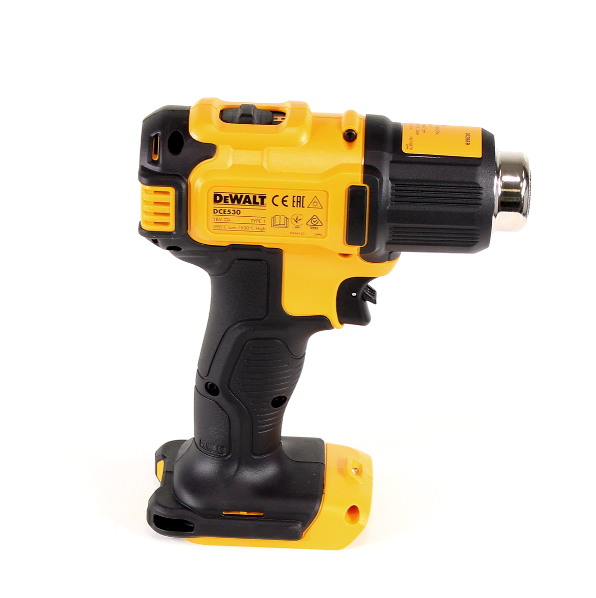 Pistolet à air chaud sur batterie DeWalt DCE 530 N 18V 530°C Solo + buse de surface et réflecteur + lampe sur batterie DeWalt DCL 040 18V XR Li-Ion