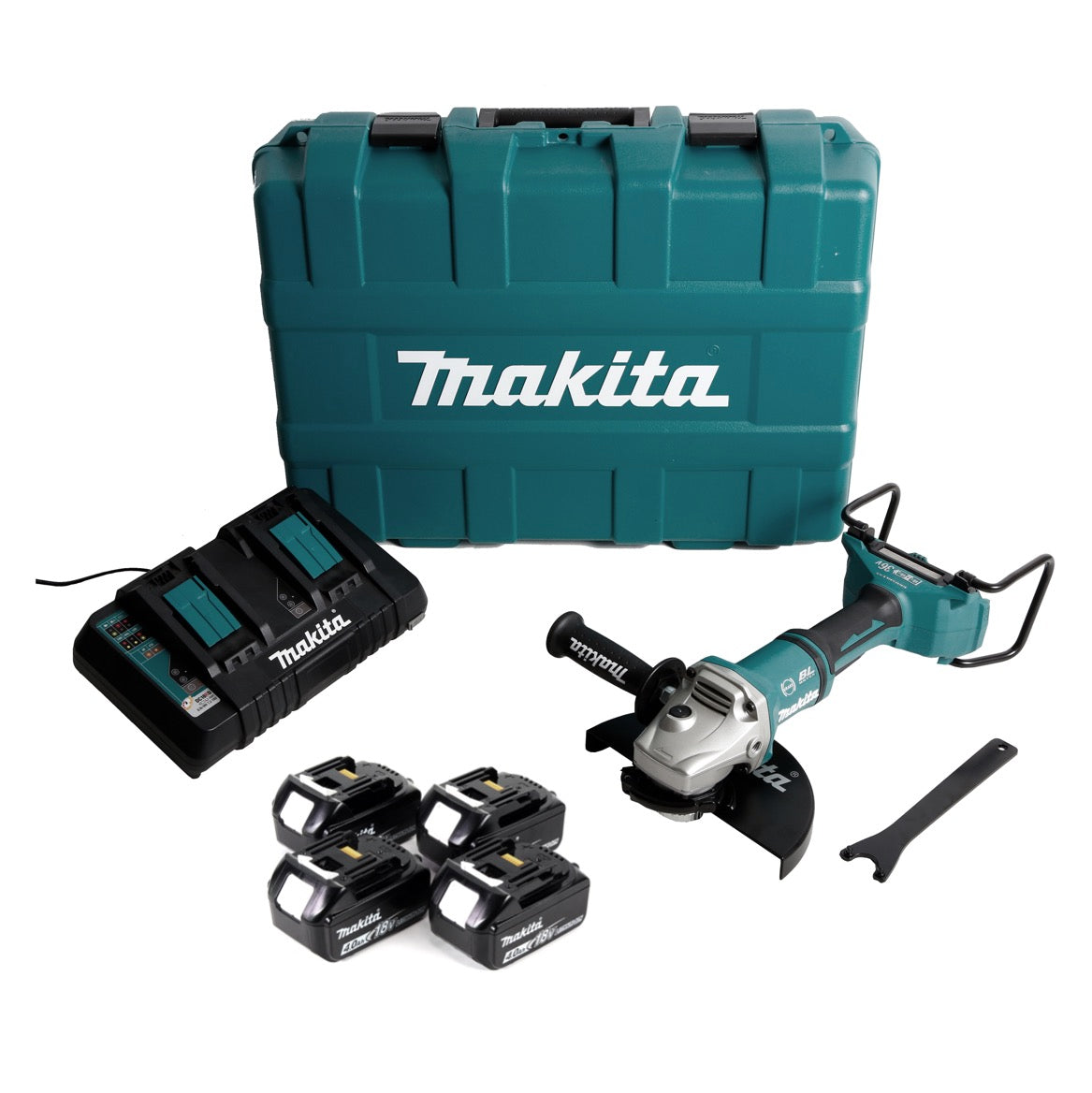 Makita DGA 900 PM4KX2 Akku Winkelschleifer 36V ( 2x18V ) 230mm Brushless + 4x Akku 4,0Ah + Doppelladegerät + Ezynut + Koffer - Toolbrothers