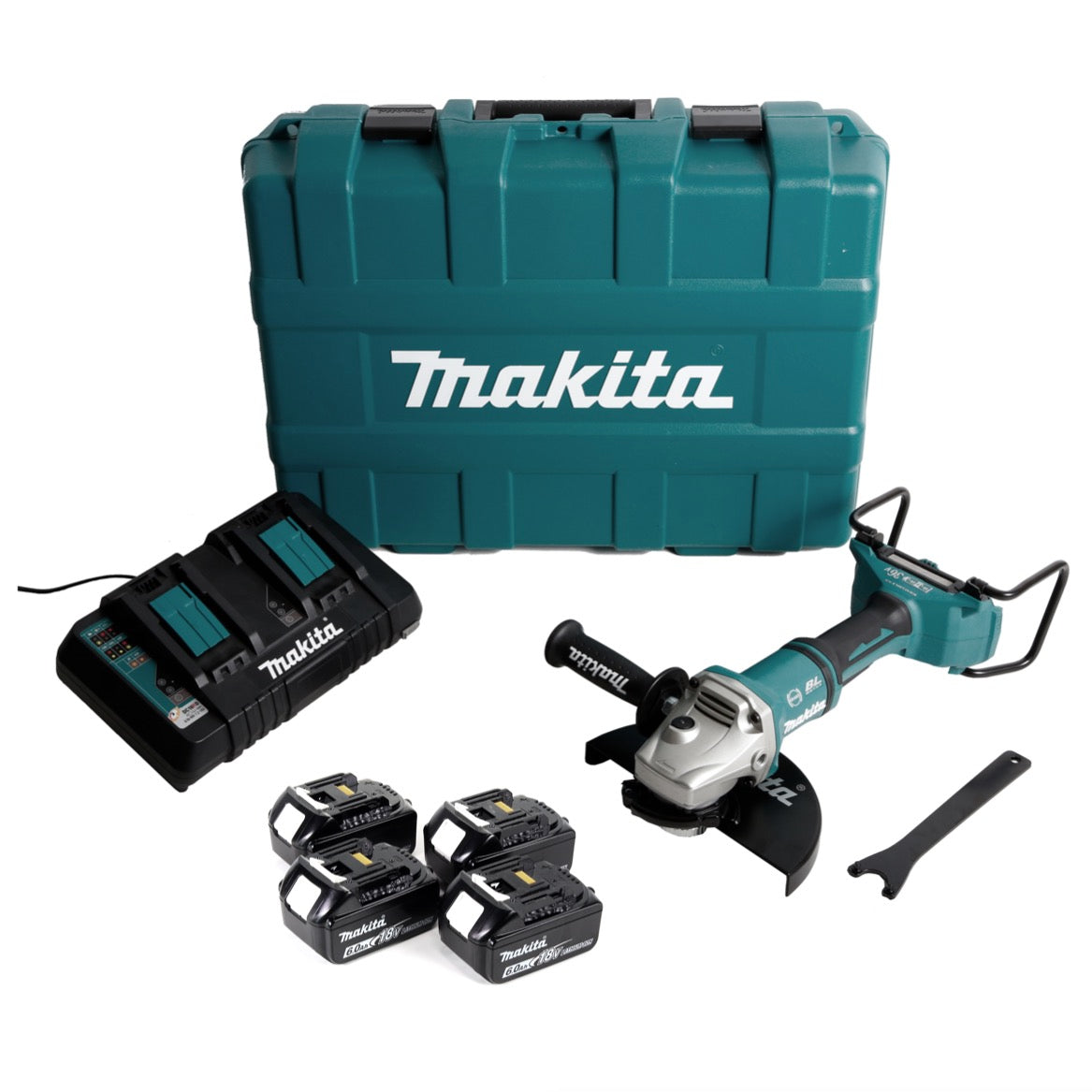 Makita DGA 900 G4KX2 Akku Winkelschleifer 36V ( 2x18V ) 230mm Brushless + 4x Akku 6,0Ah + Doppelladegerät + Ezynut + Koffer - Toolbrothers