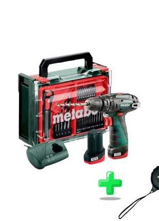 Metabo PowerMaxx SB Basic Set perceuse à percussion sans fil 12 V 34 Nm (600385710) + 2x batteries 2,0 Ah + chargeur + jeu d'accessoires 41 pièces + mallette + mètre ruban Metabo 5 mètres