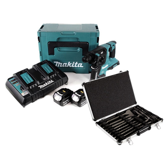 Makita DHR 280 PMJ Brushless Akku Bohrhammer 28 mm 2x 18 V für SDS-PLUS im Makpac + 2x 4,0 Ah Akku + Doppelladegerät + 17tlg. Bohrer und Meißel Set - Toolbrothers