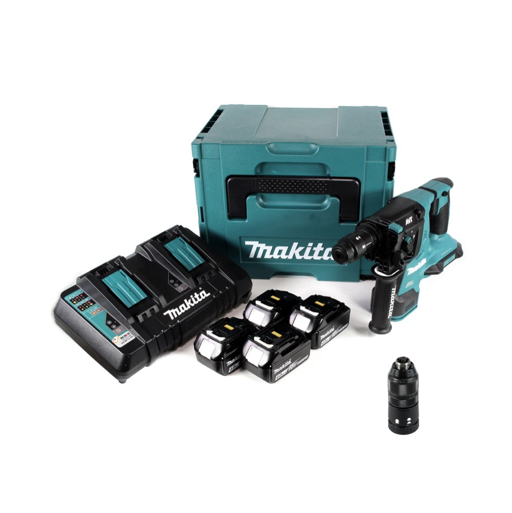 Makita DHR 281 PM4J Brushless Akku Bohrhammer 28 mm 2x 18 V für SDS-PLUS mit Schnellwechselfutter im Makpac + 4x 4,0 Ah Akku + Doppelladegerät - Toolbrothers