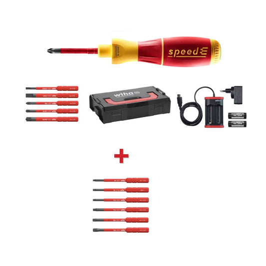 Wiha speedE® elektronischer Schraubendreher Set 1 + L-Box + 2x 1,5 Ah Akku + Ladegerät + Bits ( 41911 ) + Bit Set slimBit electric Torx Satz  6 tlg. ( 42210 ) - Toolbrothers