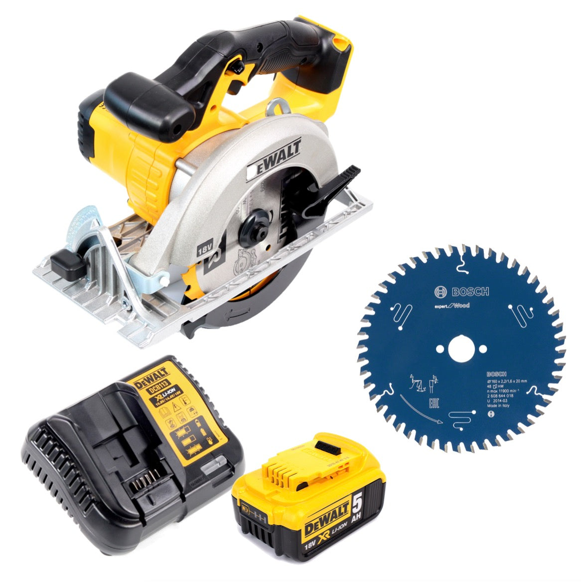 DeWalt DCS 391 P1 Akku Handkreissäge 18V 165 mm + 1x Akku 5,0Ah + Ladegerät + 2x Sägeblatt - Toolbrothers