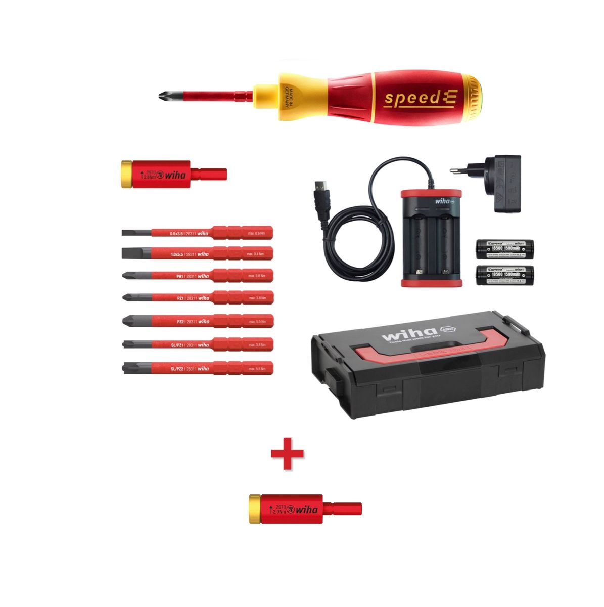 Wiha speedE® elektronischer Schraubendreher Set 2 + L-Boxx 13 tlg.  + 2x 1,5 Ah Akku + Ladegerät +  Bits + Torque Adapter 2,8 Nm ( 41912 ) + Torque Adapter 2,0 Nm ( 41342 ) - Toolbrothers