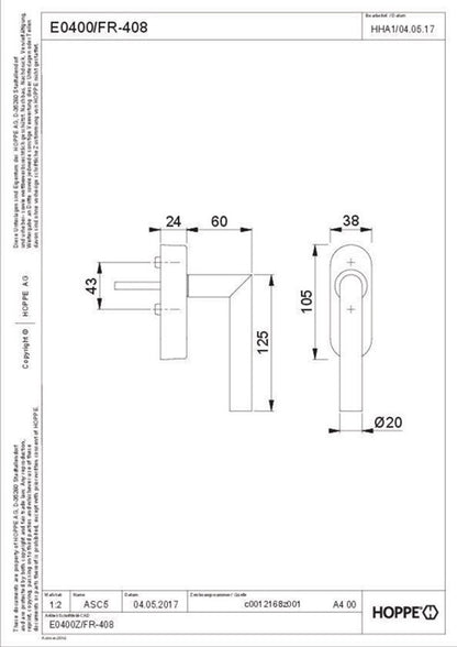 Hoppe Fenstergriff Amsterdam E0400/FR-408 ( 8000460411 ) Edelstahl 20-30 mm eFenstergriff