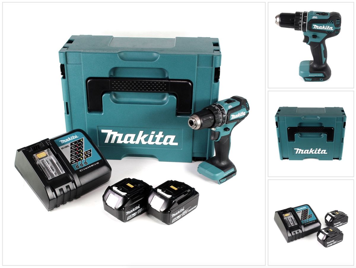 Makita DHP 485 RTJ 18 V Li-Ion Akku Schlagbohrschrauber im Makpac + 2 x 5,0 Ah Akku + Ladegerät - Toolbrothers