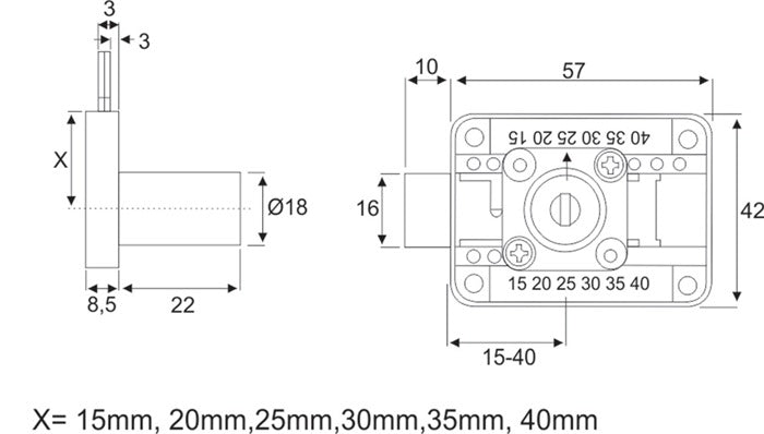 Serrure à visser BMB (3000271821) entraxe 15-40 mm, clés identiques