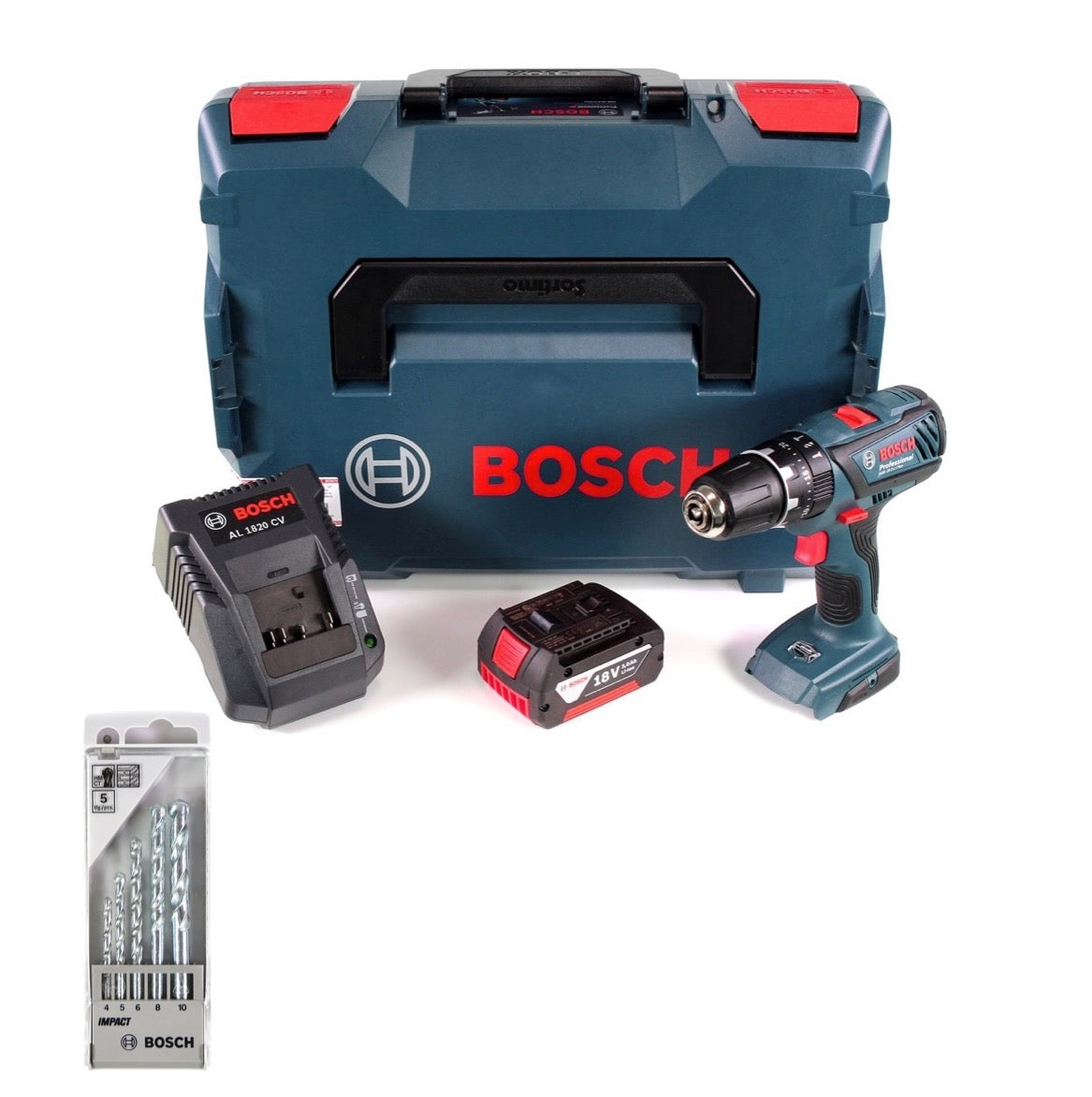 Bosch GSB 18-2-Li Plus Professional 18 V Akku Schlagbohrschrauber in L-Boxx mit 1x GBA 3,0 Ah Akku + Ladegerät + Bosch 5 tlg. Steinbohrer Set Impact 4 - 10 mm - Toolbrothers