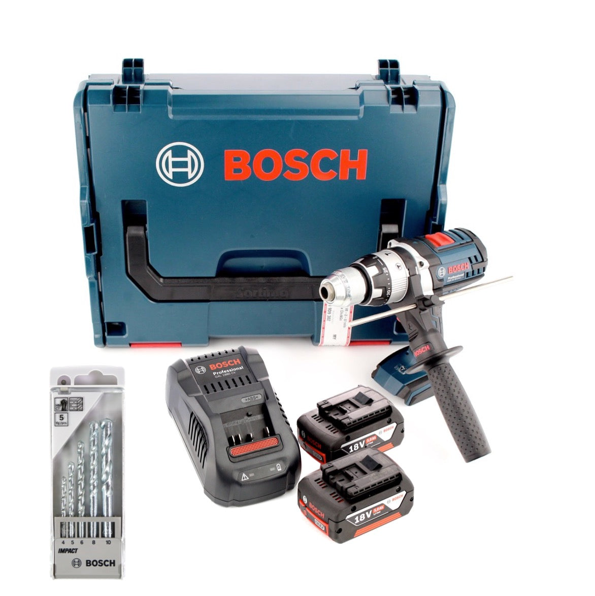 Bosch GSB 18 VE-2-Li 18V Li-Ion Professional Akku Schlagbohrschrauber in L-Boxx + 2x 5,0 Ah Akku und Ladegerät + Bosch 5 tlg. Steinbohrer Set Impact 4 - 10 mm - Toolbrothers