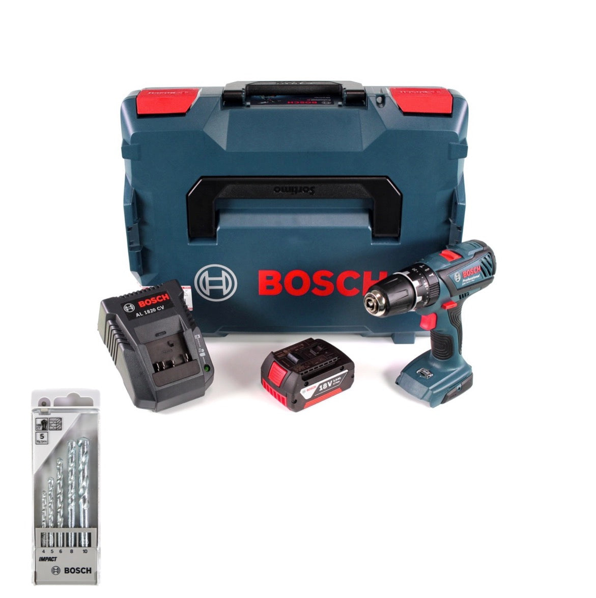 Bosch GSB 18-2-Li Plus Professional 18 V Akku Schlagbohrschrauber in L-Boxx mit 1x GBA 3,0 Ah Akku und Lader + Bosch 5 tlg. Steinbohrer Set Impact 4 - 10 mm - Toolbrothers