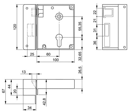 AMF Schließkappenschloss 2 ( 3311021052 ) DIN links PZW Dornmaß 60 mm