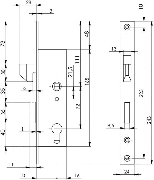 Serrure pour portail coulissant à cadre tubulaire AMF 8331 (3311021043) PZW entraxe 35 mm